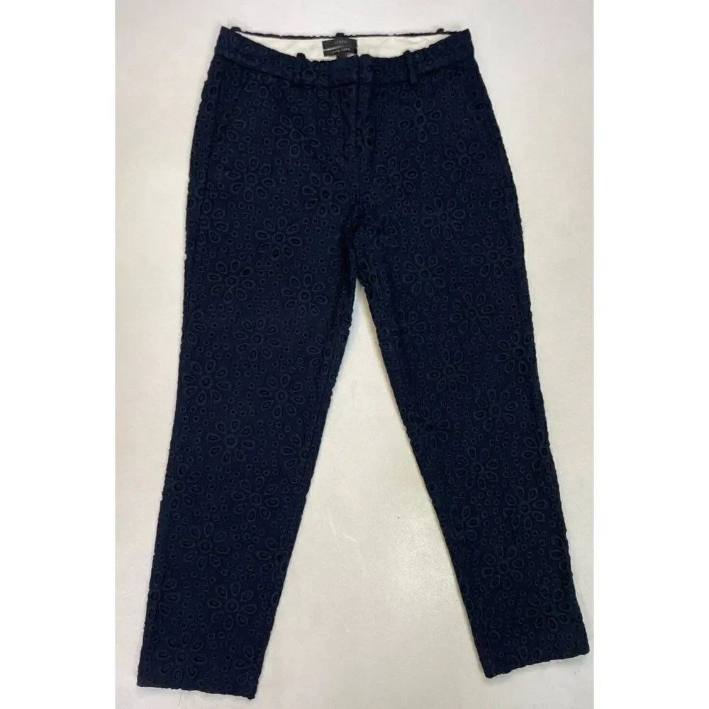 J Crew Pinwheel Eyelet Floral Cape Capri Pants Women Size 00 Blue 65899